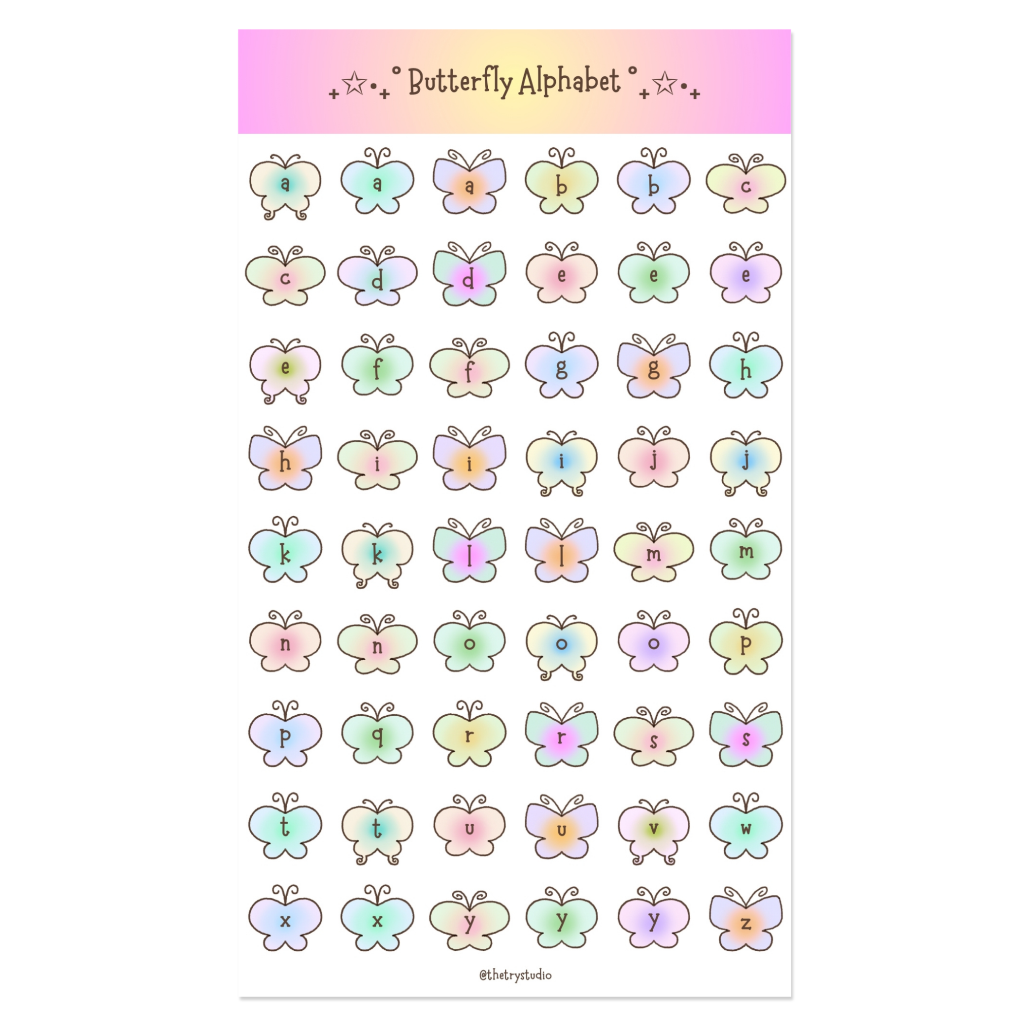 Butterfly Alphabet journaling sticker sheet by Try Studio - full alphabet in butterfly style