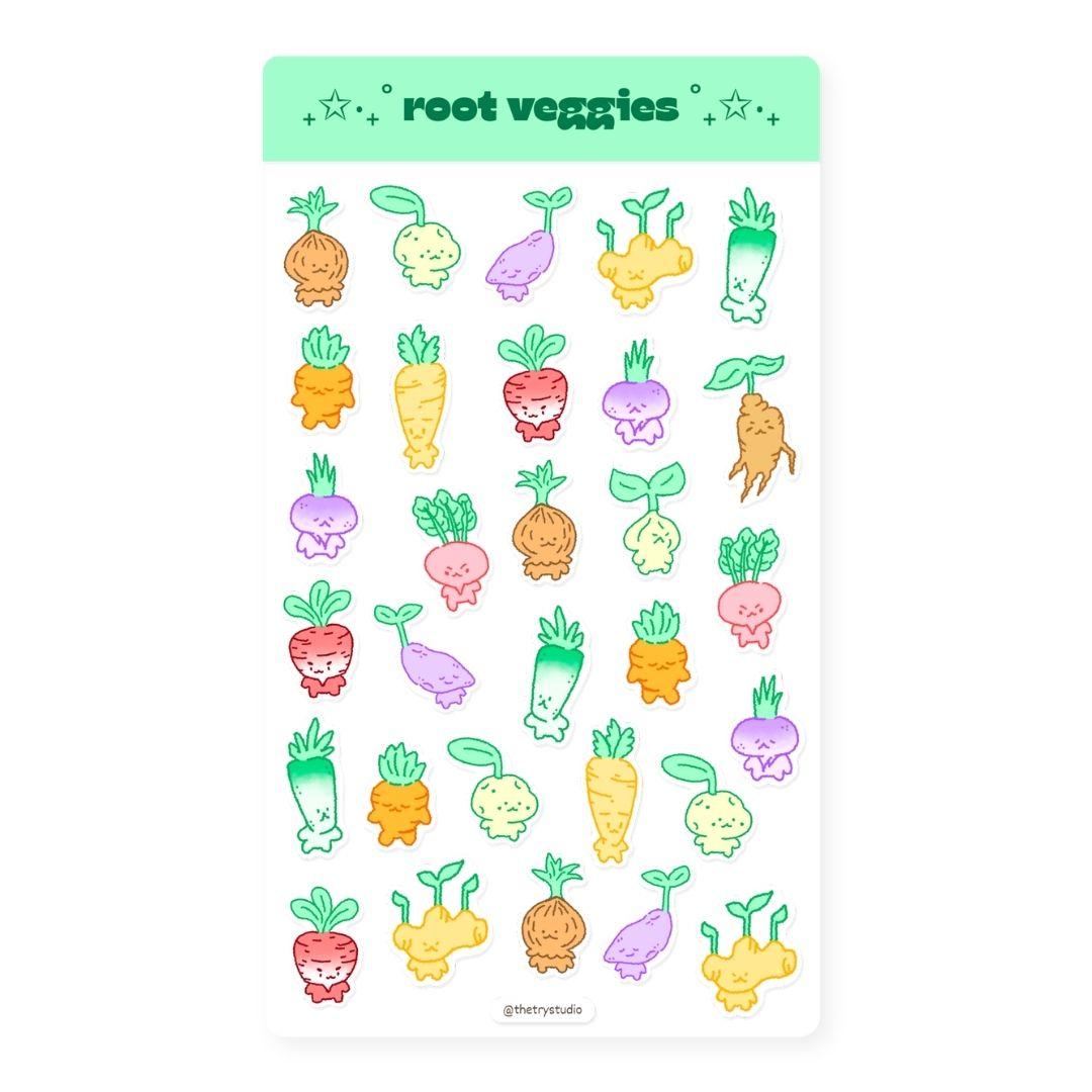 Sheet of colorful root vegetable stickers with 'root veggies' label at the top.