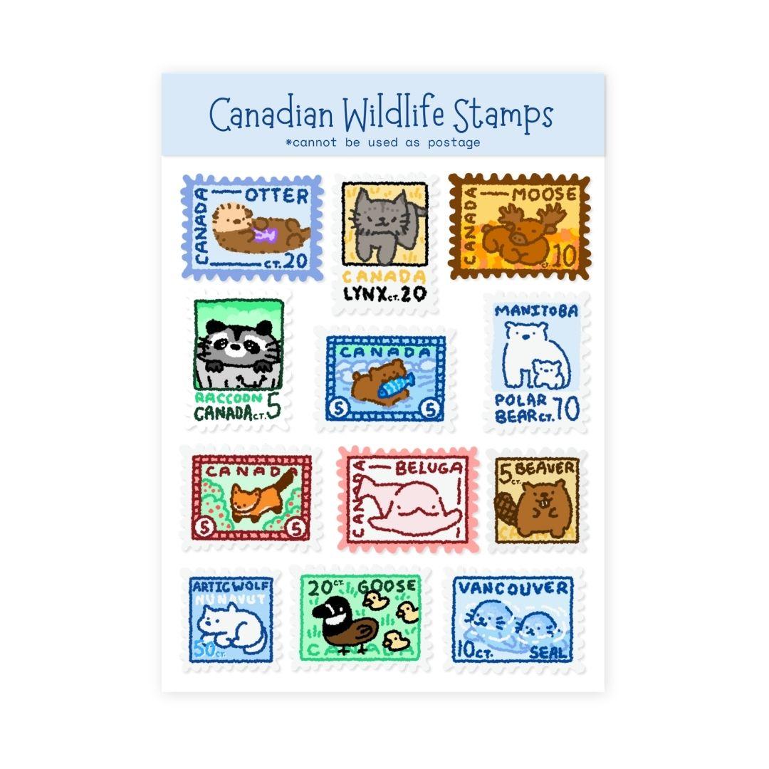Canadian Wildlife Stamps journaling sticker sheet by Try Studio - all 12 Canadian animals